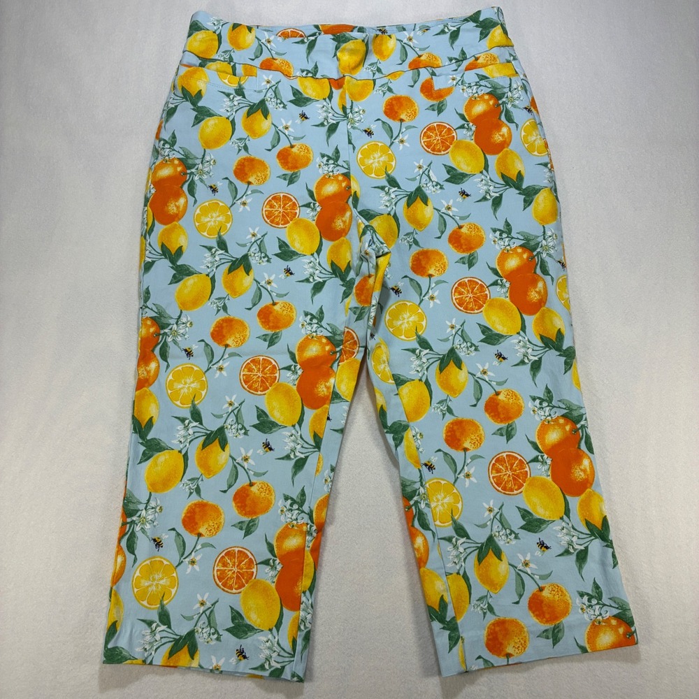 Fruit Aesthetic Womens Capri Pants Size 12 Light Blue Lemon Orange Citrus Print